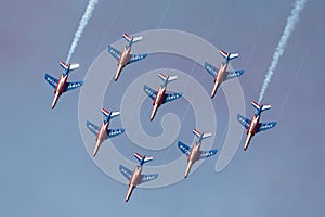 Patrouille de France, the aerobatic display team of the French Air Force Armee de lÃ¢â¬â¢Air flying Dassault-Dornier Alpha Jet E jet